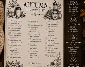 Puede incluir: Una lista de tareas Autumn Bucket List impresa en papel crema con ilustraciones en tinta negra de calabazas, linternas y tazas. El texto incluye el título Autumn Bucket List y una lista de actividades. Mide 21,59 cm por 27,94 cm.