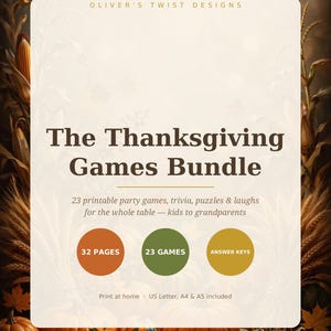 Può includere: Un volantino digitale per The Thanksgiving Games Bundle di Oliver's Twist Designs. Include 23 giochi per feste stampabili, trivia e puzzle su 32 pagine con chiavi di risposta. Il design presenta zucche autunnali e steli di mais.