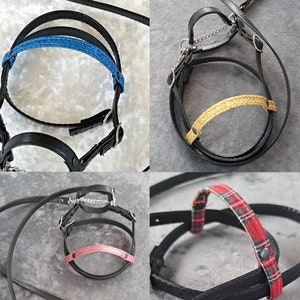 Pode incluir: Quatro estilos diferentes de coleiras para cães, cada uma com uma cor e padrão diferentes. As coleiras são feitas de couro preto e têm uma variedade de detalhes decorativos, incluindo azul, dourado, rosa e xadrez vermelho.
