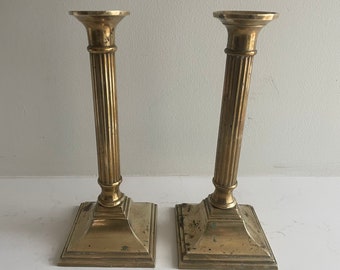 Brass column candlestick holder pair
