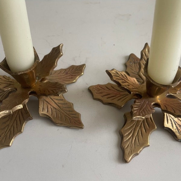 Pair of vintage brass holly candlestick holders