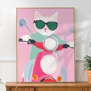 Funny White Cat Art Print Retro Whimsical Nursery Wall Art, Pink Aesthetic Fun Retro Animal Poster Gift for Cat Lovers