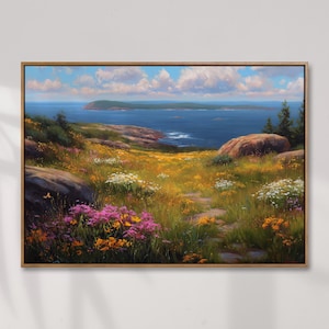 Acadia National Park Wildflower Meadow and Ocean View Oil Painting Print, National Parks Wall Art, Botanical Art Poster, Ocean Cliffs View