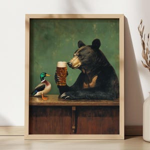 Bear and Mallard Duck Drinking Beer Whimsical Funny Vintage Beverage Poster Bar Wall Art Decor Cabin Wall Art Gift For Him