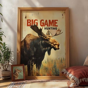 Vintage Moose Big Game Hunting Poster Art Retro Rustic Poster Cabin Wall Decor Outdoor Sports Hunter Father's Day Gift for Dad