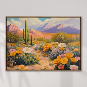 Wüste Wildblumen Landschaft Druck: Südwestlicher Kaktus & Berge Kunst