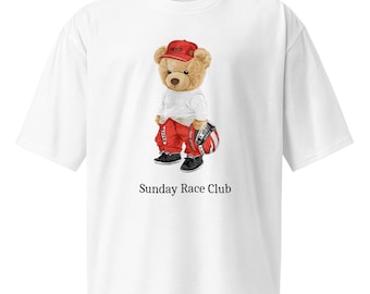 Oversized heavyweight t-shirt, Designer Bear Inspired, Formula 1 Racing Bear, Sunday Race Club, Unisex Gift