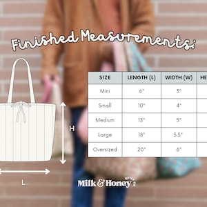 A cream-colored tote bag with vertical stitching and a bow detail. The image includes a size chart with measurements in inches: Mini (6"L x 3"W x 5"H), Small (10"L x 4"W x 6"H), Medium (13"L x 5"W x 9"H), Large (18"L x 5.5"W x 13"H), and Oversized (20"L x 6"W x 14"H).