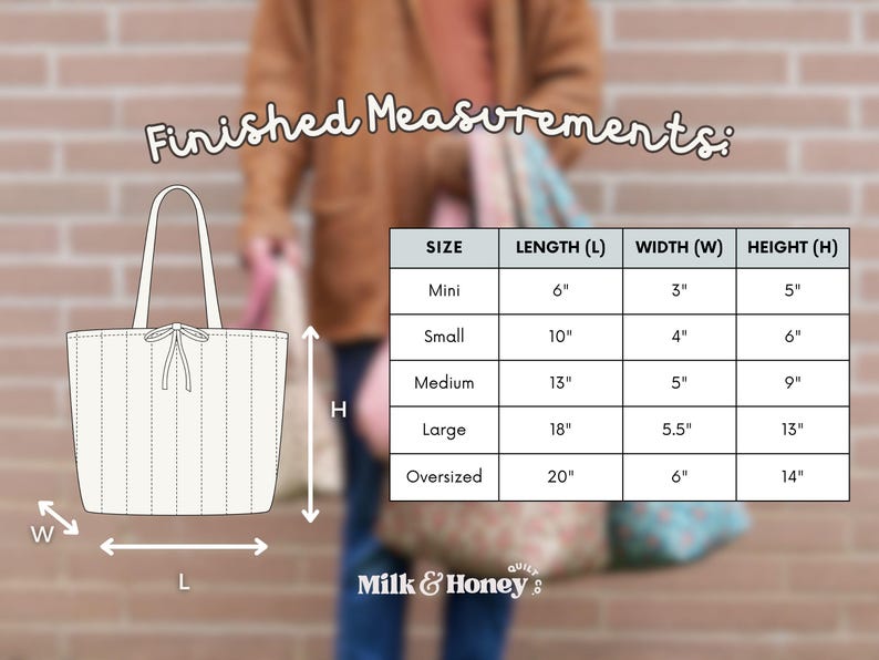 A cream-colored tote bag with vertical stitching and a bow detail. The image includes a size chart with measurements in inches: Mini (6"L x 3"W x 5"H), Small (10"L x 4"W x 6"H), Medium (13"L x 5"W x 9"H), Large (18"L x 5.5"W x 13"H), and Oversized (20"L x 6"W x 14"H).