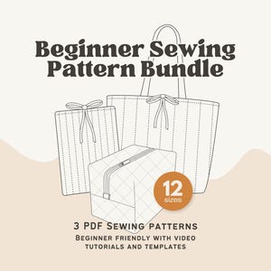 May include: Line drawing of a beginner sewing pattern bundle. The image features a tote bag, a zippered pouch, and a rectangular item with a bow. Text reads "Beginner Sewing Pattern Bundle" and "3 PDF Sewing Patterns".