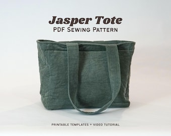 May include: A teal green tote bag with two handles and a rectangular shape. The text "Jasper Tote PDF Sewing Pattern" is displayed above the bag. Below the bag, the text reads "Printable Templates + Video Tutorial".