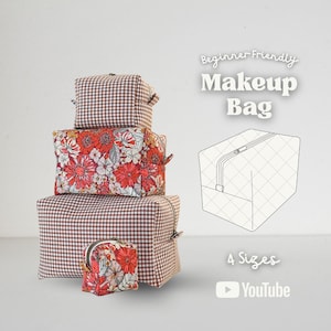 Patrón de costura en PDF para neceser cuadrado: 4 tamaños, neceser de maquillaje y tutorial para principiantes.