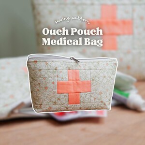 A floral bag with a plus quilt block, a medical bag with an interchangeable quilt block.