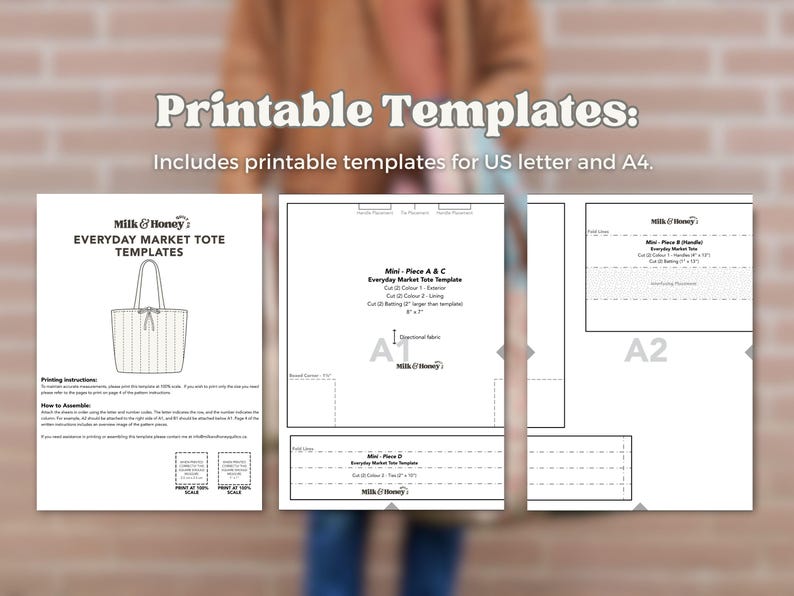 a digital sample of the printable templates for the tote bag pattern. The text reads "Printable templates"