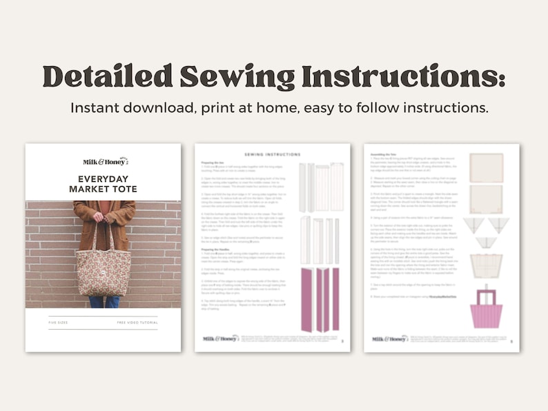 A digital preview of three pages from the pattern instructions. The first is the cover page, then the instructions and diagrams are on the following pages. The text reads "detailed sewing instructions"