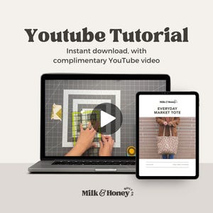 A laptop and tablet display a sewing tutorial. The laptop screen shows hands using a ruler and rotary cutter on a cutting mat. The tablet displays a tote bag with the text "EVERYDAY MARKET TOTE". The text "Youtube Tutorial" is at the top.