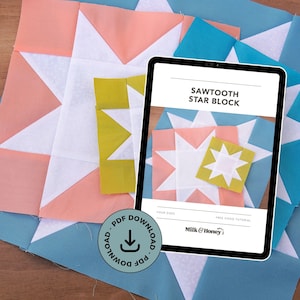Wzór do szycia bloku kołdry Sawtooth Star w formacie PDF. Pikowanie dla początkujących z samouczkiem wideo.