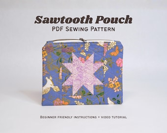 Patrón de costura en PDF para bolsa acolchada con cremallera y diseño de estrella dentada