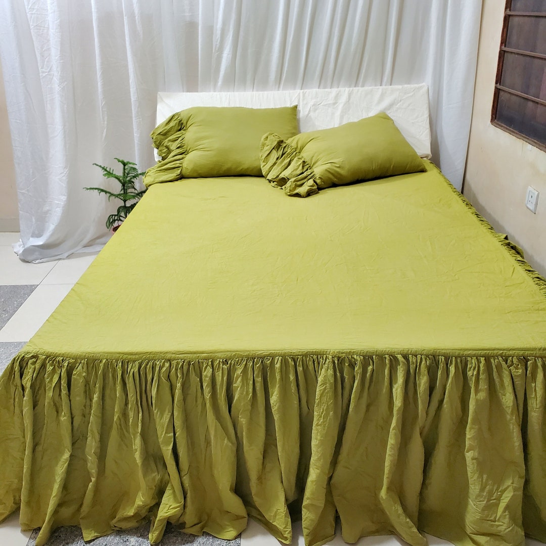 Sage Green Dust Ruffle Linen Bedskirtruffled Linen Etsy