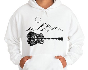 Guitar nature Hooded Sweatshirt Mountain sweater Music Sweater Gifts for him Camping Hoodie Cool Sweater Wilderness beautiful scenery shirt