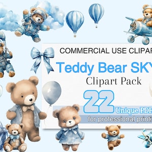 Graphiques vectoriels, aquarelle Teddy Bear Clip Art Clipart Pack, Baby Shower pour un garçon, Clipart à usage commercial, Blue Aeroplane, PDF Print
