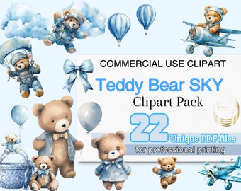 Vector Graphics, Watercolor Teddy Bear Clip Art Clipart Pack, Baby Shower for a boy, Clipart for commercial use, Blue Aeroplane, PDF Print