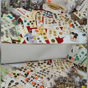 May include: A collection of various buttons in different sizes, colors, and materials. The buttons are displayed on cards and in clear plastic bags. There are gold, silver, black, and colorful buttons. Some buttons have intricate designs, while others are plain.