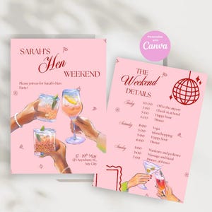 Puede incluir: Invitación rosa con un gráfico de bola de discoteca roja para un fin de semana de despedida de soltera. La invitación incluye un programa de eventos para el viernes, el sábado y el domingo. El texto de la invitación dice "The Weekend Details" e incluye actividades como yoga, happy hour y cena.