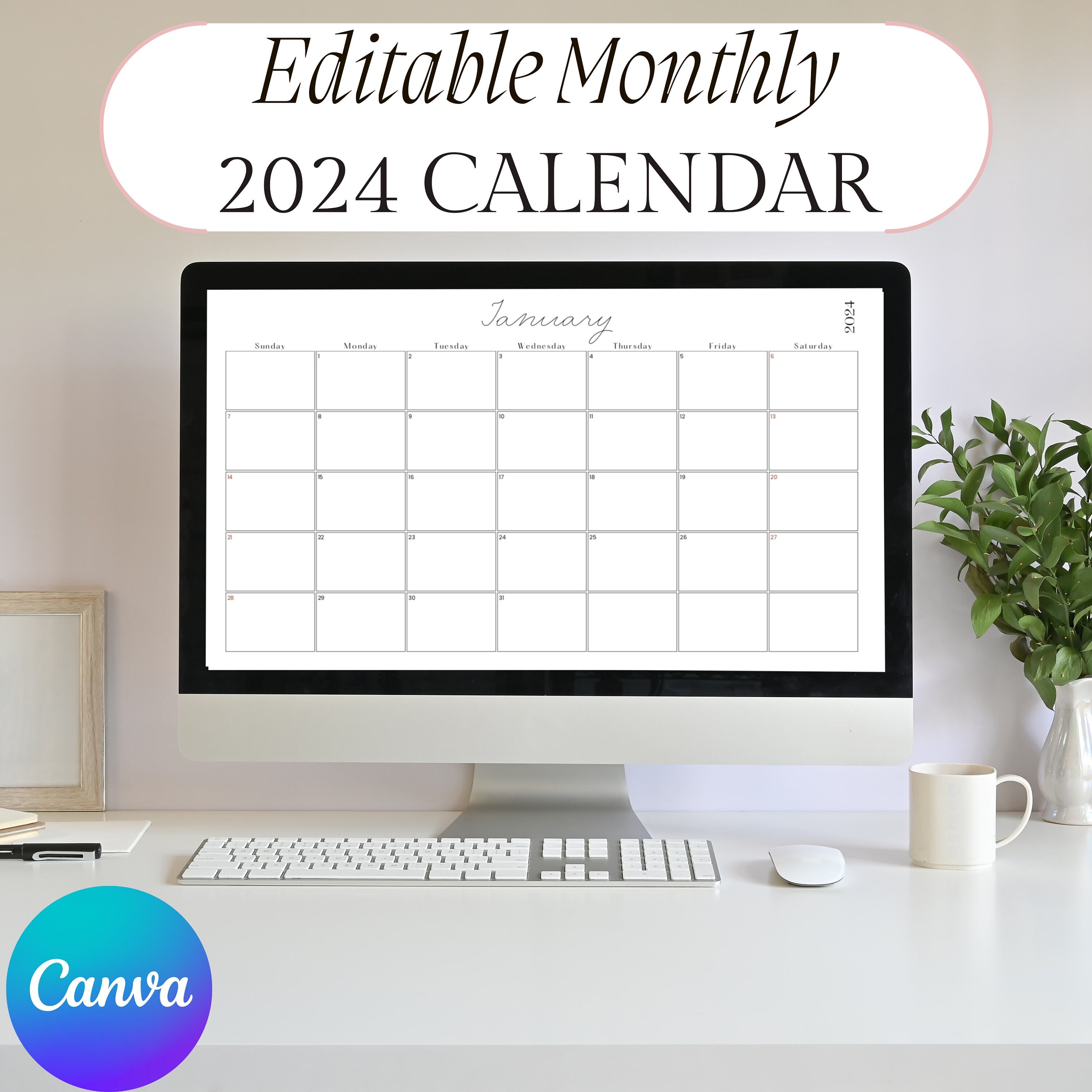 Simple 2024 Canva Calendar Template 100 Editable Etsy