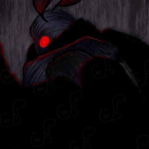 Puede incluir: Una criatura oscura y sombría con orejas grandes y puntiagudas y un solo ojo rojo. La criatura está rodeada de un fondo negro con un patrón repetitivo de remolinos estilizados.
