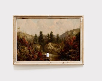 Halloween cute ghost wall art, spooky art, halloween decor, fall decor, ghost in an autumn forest, whimsigoth decor, digital download