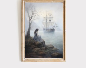 May include: A painting of a woman sitting on a rocky shore, looking out at a ship sailing away in the distance. The scene is painted in muted tones of blue, gray, and white, creating a sense of melancholy and longing.