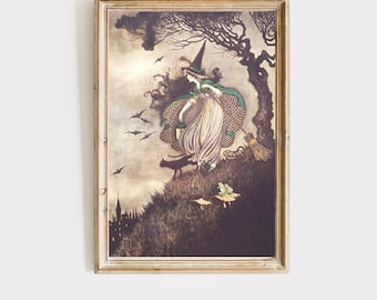 May include: A vintage illustration of a witch in a green and white dress, holding a lantern and walking with a black cat and two small fairies. The witch is wearing a pointed hat and has long, flowing hair. The background is a dark forest with a castle in the distance.