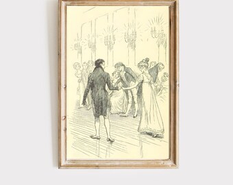 Könnte beinhalten: Eine Schwarzweißillustration einer Gruppe von Menschen, die in einem Ballsaal tanzen. Die Menschen sind in festlicher Kleidung gekleidet und es hängen Kronleuchter von der Decke.
