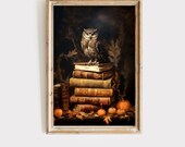 Halloween owl and book art print, halloween decoration, halloween art, halloween decor, autumn home decor, fall decor, digital download