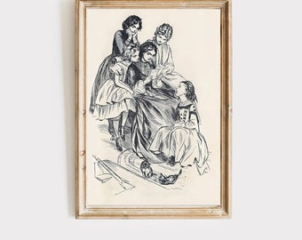 Little Women vintage book illustration wall art, Jo March, little women poster, book nook. book lover gift, digital download