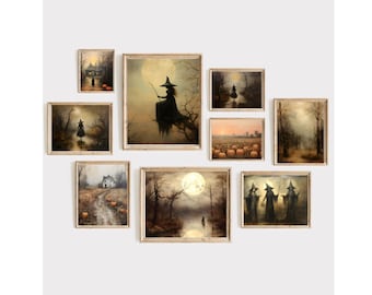 May include: A set of nine framed prints featuring various Halloween-themed scenes. The prints depict witches, pumpkins, and spooky forests in a vintage style.