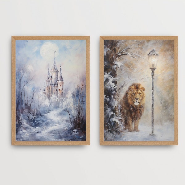 Narnia art print gallery set, Narnia poster, Oil painting wall decor, C S Lewis, Aslan and the lamp post, Printable digital download