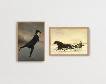 Set di gallerie d'arte di pittura a olio di Natale vittoriano, stampa d'arte natalizia, arte murale natalizia, arredamento invernale, download digitale