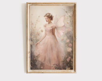 Feen Blumen Kunstdruck, vintage Wanddekor, kleine Mädchenzimmer Dekor, Blumen Fee, printable digitaler Download.