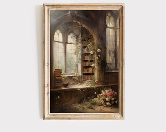 Book nook art print, dark coquette decor, dark academia art, old library oil painting, booknook, digital download