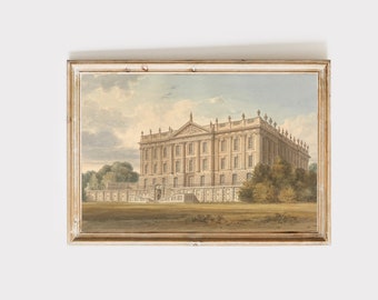 Impression d'art Orgueil et préjugés Pemberley Manor, illustration de la maison de Chatsworth, cadeaux Jane Austen, affiche Orgueil et préjugés à télécharger