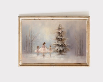 May include: A framed painting of four ballerinas in pink tutus dancing in a snowy forest with a large snow-covered pine tree in the background.