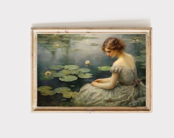 May include: A painting of a woman in a light blue dress sitting on a lily pad in a pond. The water is a light blue-green color and there are lily pads and flowers throughout the pond.