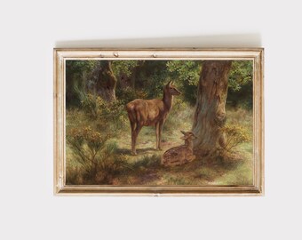 Farmhouse vintage art print, Deer and fawn print, Cottagecore art, Spring decor, Fairycore, vintage nursery art, digital download