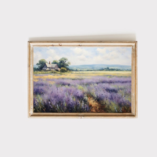 English lavender field artwork, fine art landscape, oil painting wall decor, cottagecore art, digital download