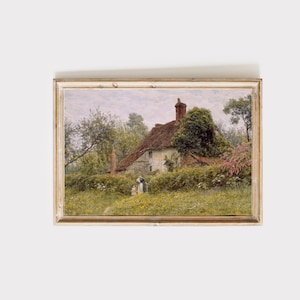 Puede incluir: Una pintura de una cabaña con techo de paja y una mujer y un niño caminando frente a ella. La cabaña está rodeada de exuberante vegetación y flores.