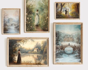 Pride and Prejudice art gallery set - Pemberley Manor, Elizabeth Bennet and Mr Darcy. Cottagecore Art, Jane Austen gifts, digital download
