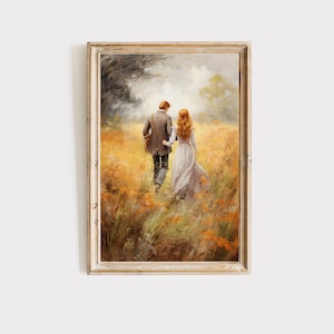 May include: A painting of a couple walking through a field of tall grass. The man is wearing a brown jacket and the woman is wearing a white dress. The background is a blurry landscape of trees and sky.