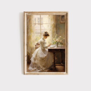 Victorian women reading art print, vintage wall decor, antique oil painting, printable digital download. Gift for her
